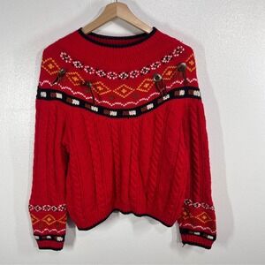 Chaus Sport Fair Isle Cable Knit Sweater Womens L‎ Red Cotton Vintage